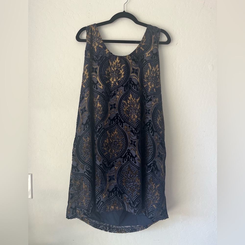 LOFT Navy and Gold Patterned Dress